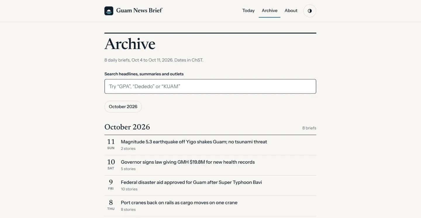 The Guam News Brief archive at news.sk102.co: a search field for headlines, summaries and outlets above the October 2026 list of daily briefs, each showing its date, lead headline and number of stories.