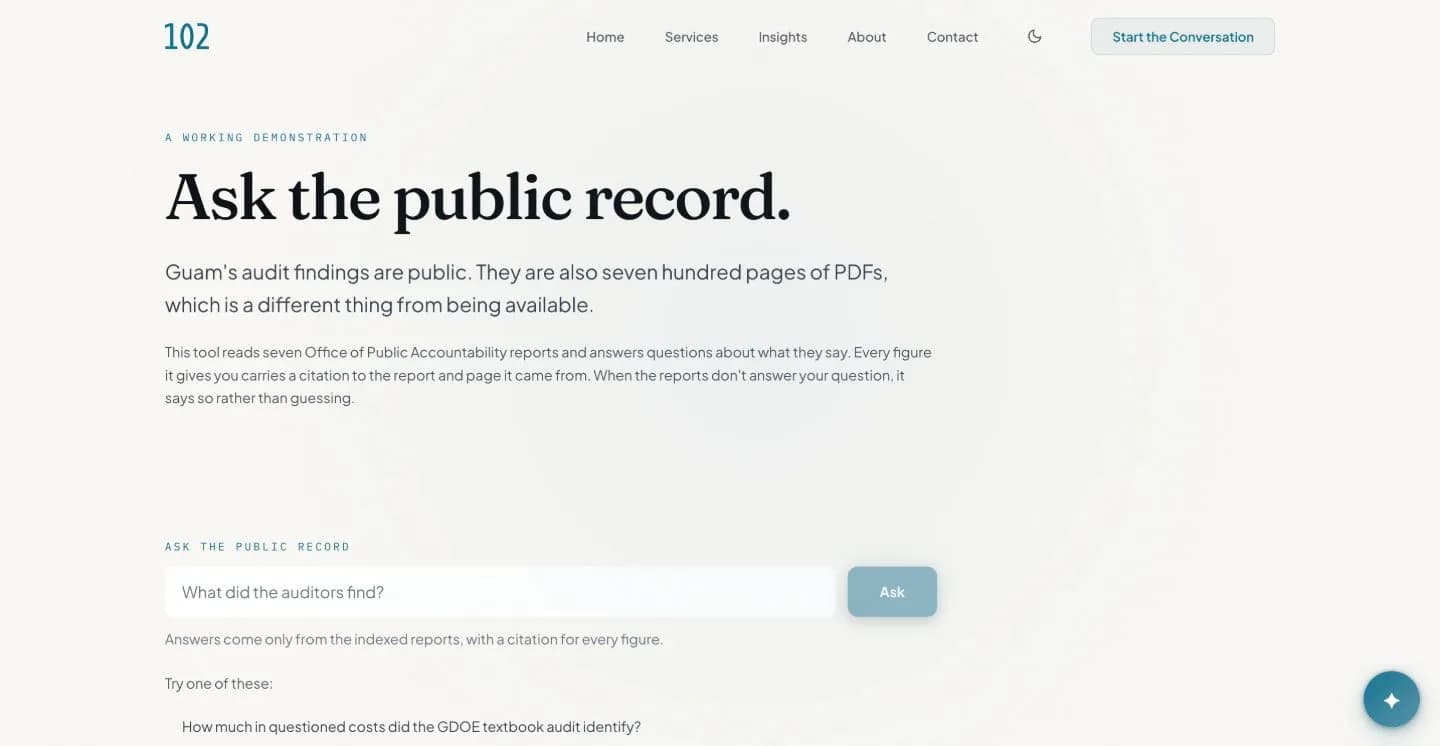 The Ask the public record page on a phone: the headline “Ask the public record,” a note that the tool reads seven Office of Public Accountability reports and cites the report and page for every figure, and a question box reading “What did the auditors find?”